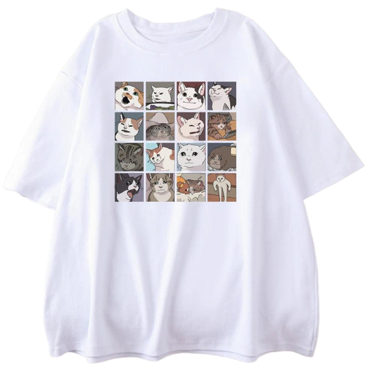 Cat Meme - Camiseta Masculina Oversize de Algodão com Estampa de Meme de Gatos